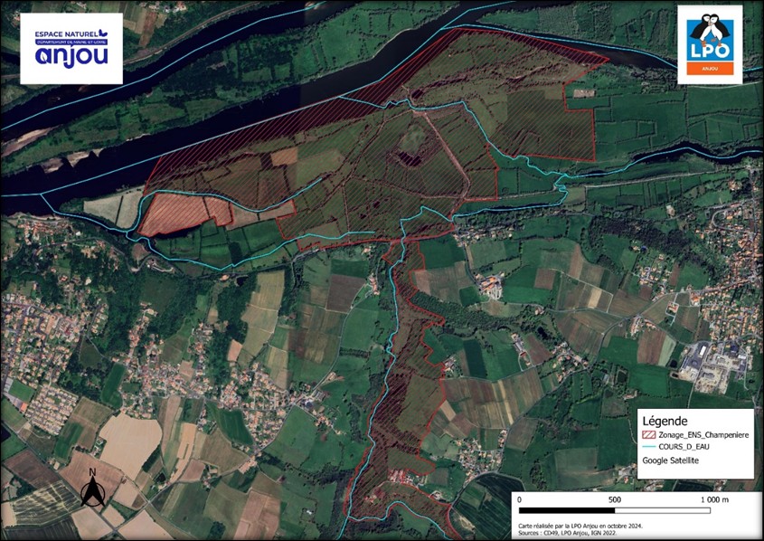 Localisation de l'Espace naturel sensible des coteaux de la Champenière (cartographie : LPO Anjou, 2024)