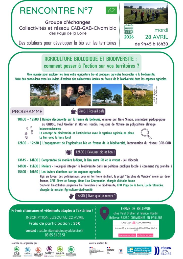 programme de la journée technique "Agriculture bio & biodiversité" organisée par la CAB des Pays de la Loire le 28 avril 2026.